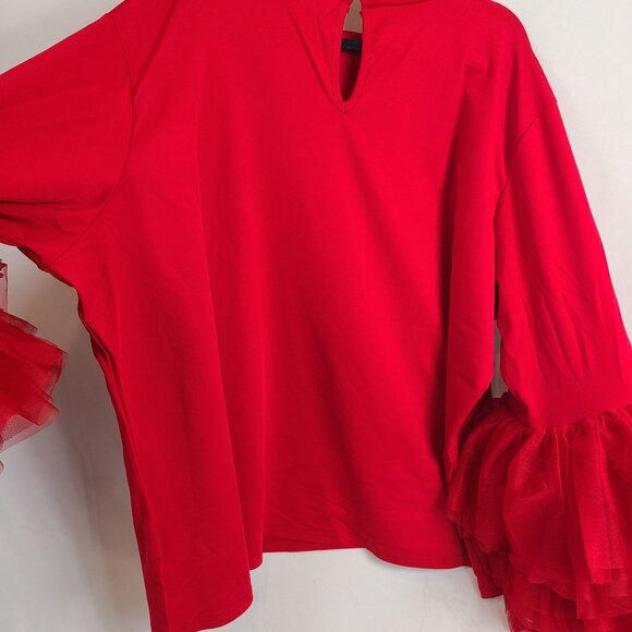 Ashley Stewart Red Tulle Bell Sleeve Blouse Professional Statement Top Sz 34/36 - Picture 4 of 8